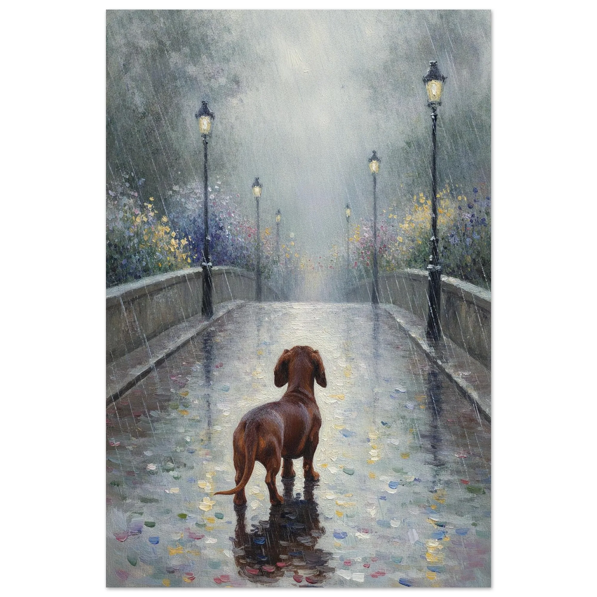 Kunstdruck „Laternenallee im Regen“